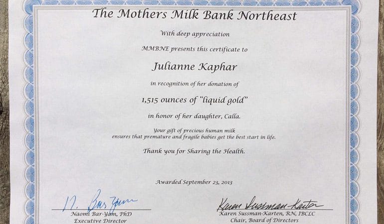 Certificate for donor milk - Kaphar