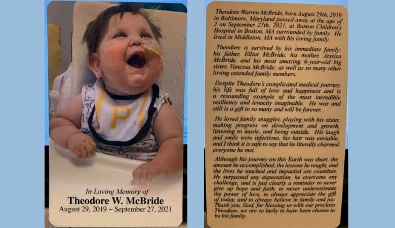 Prayer card with the amazing story of Theodore's brief life