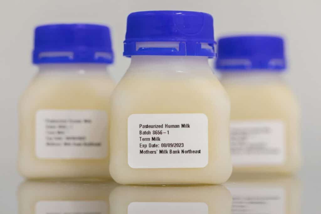 Bottles of pasteurized human donor milk for the hospital