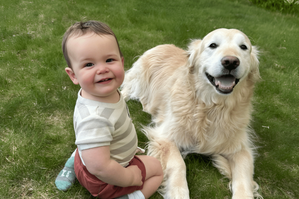 Smiling little boy sitting with his dog